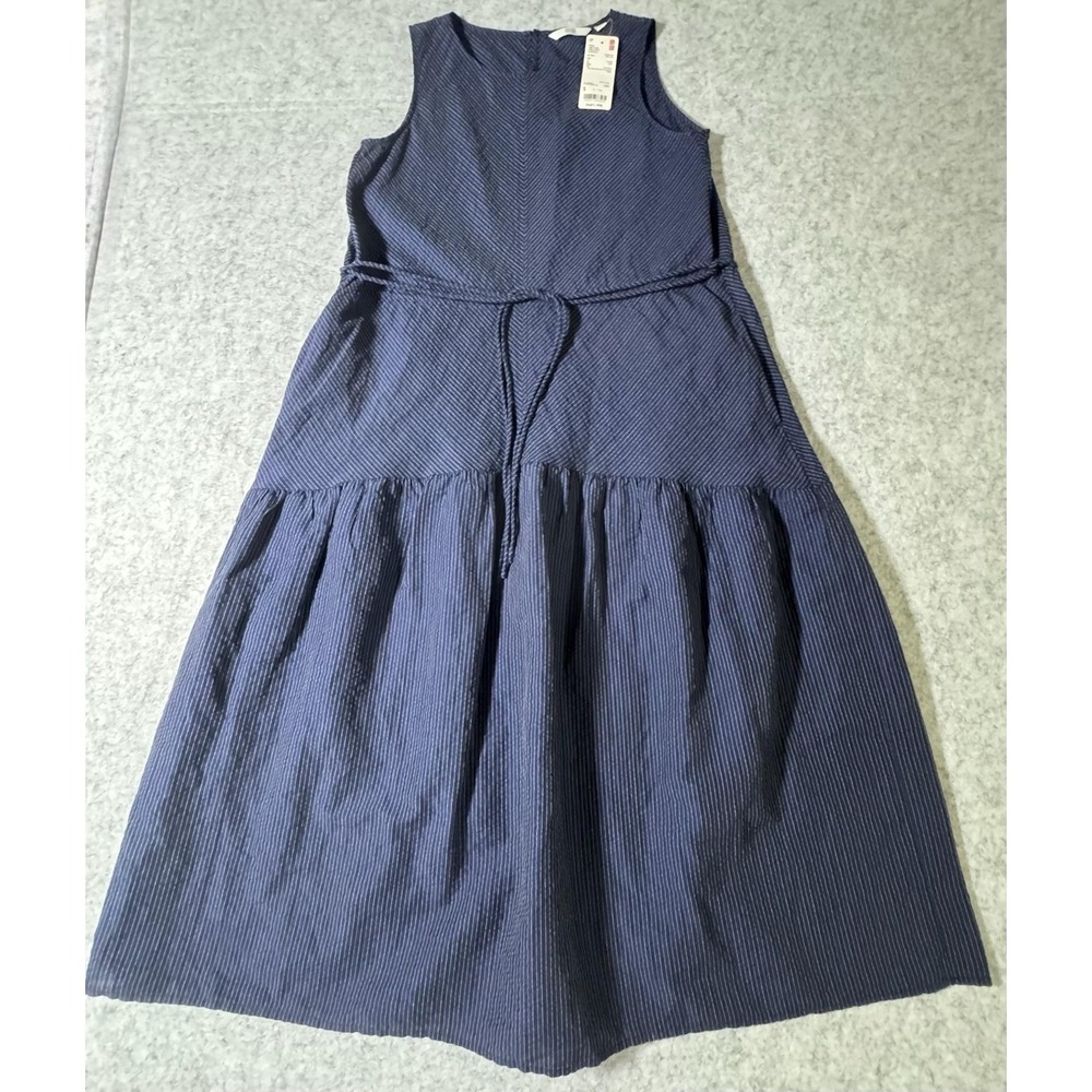 Uniqlo Dress Womens Small Blue Stripe Linen Blend Tiered Belted Sleeveless Midi